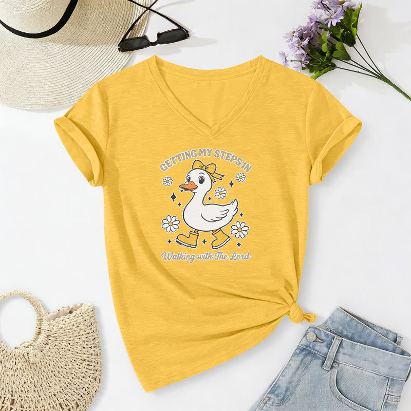 Christianartworkshop T-shirt décontracté à col en V avec motif canard et Daisy, idéal pour faire mes pas en marchant avec le Seigneur - Jaune - 2XL - image 12