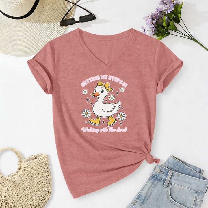 Christianartworkshop T-shirt décontracté à col en V avec motif canard et Daisy, idéal pour faire mes pas en marchant avec le Seigneur - Rose clair - 2XL - image 8