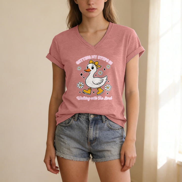 Christianartworkshop T-shirt décontracté à col en V avec motif canard et Daisy, idéal pour faire mes pas en marchant avec le Seigneur - image 9