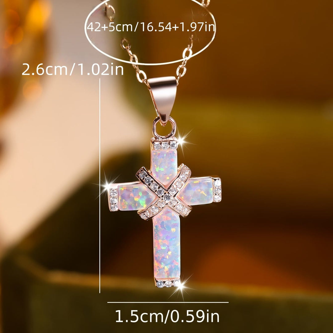 Christianartworkshop Collier avec pendentif croix à plusieurs niveaux en opale incrustée et zircon pavé : un symbole de foi pure - image 3