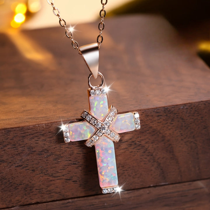Christianartworkshop Collier avec pendentif croix à plusieurs niveaux en opale incrustée et zircon pavé : un symbole de foi pure - Or rose - image 0