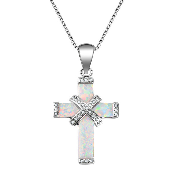 Christianartworkshop Collier avec pendentif croix à plusieurs niveaux en opale incrustée et zircon pavé : un symbole de foi pure - Argent - image 4