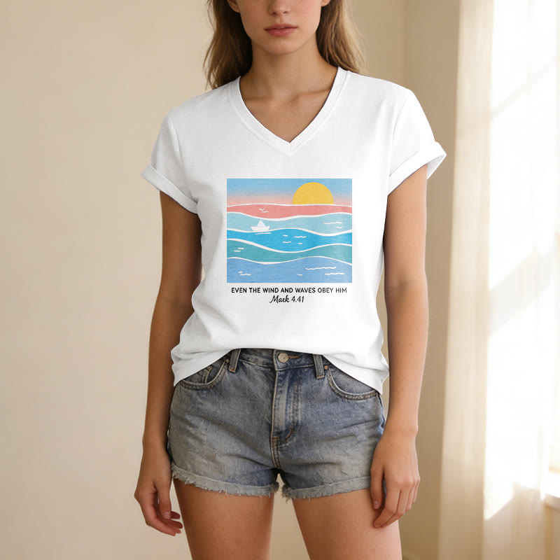 Christianartworkshop Même le vent et les vagues lui obéissent (Marc 4:41) T-shirt décontracté à col en V avec motif coucher de soleil sur l'océan - image 19