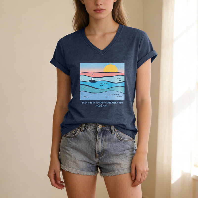 Christianartworkshop Même le vent et les vagues lui obéissent (Marc 4:41) T-shirt décontracté à col en V avec motif coucher de soleil sur l'océan - image 7