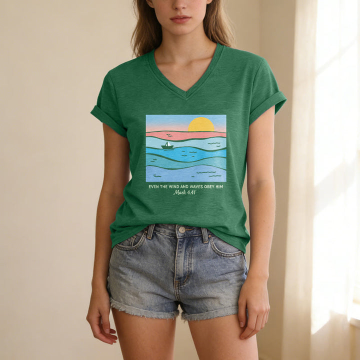Christianartworkshop Même le vent et les vagues lui obéissent (Marc 4:41) T-shirt décontracté à col en V avec motif coucher de soleil sur l'océan - image 23