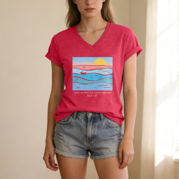 Christianartworkshop Même le vent et les vagues lui obéissent (Marc 4:41) T-shirt décontracté à col en V avec motif coucher de soleil sur l'océan - image 25