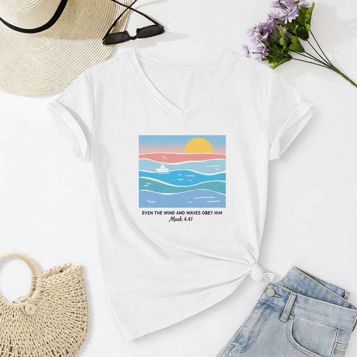 Christianartworkshop Même le vent et les vagues lui obéissent (Marc 4:41) T-shirt décontracté à col en V avec motif coucher de soleil sur l'océan - Blanc - 2XL - image 18