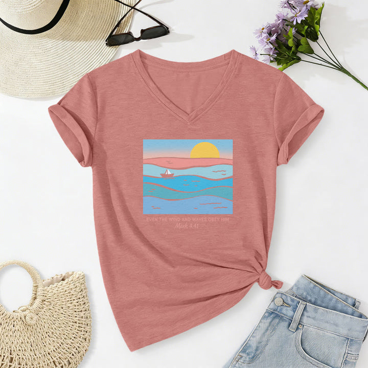 Christianartworkshop Même le vent et les vagues lui obéissent (Marc 4:41) T-shirt décontracté à col en V avec motif coucher de soleil sur l'océan - Rose clair - 2XL - image 10
