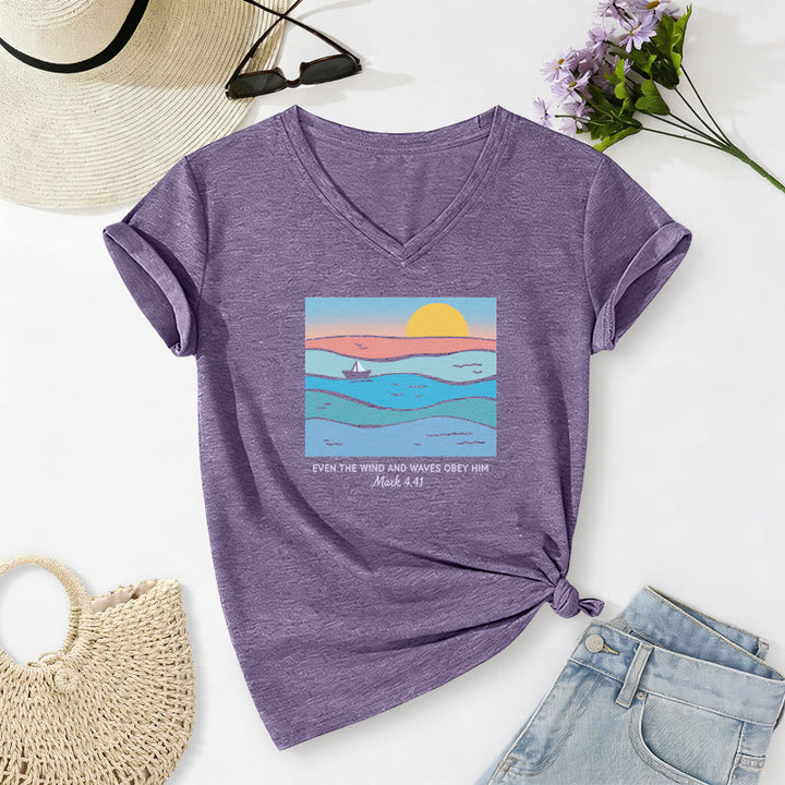 Christianartworkshop Même le vent et les vagues lui obéissent (Marc 4:41) T-shirt décontracté à col en V avec motif coucher de soleil sur l'océan - Violet - 2XL - image 4