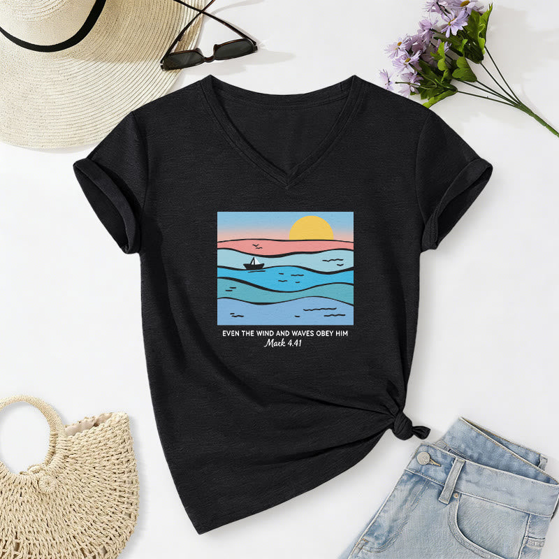 Christianartworkshop Même le vent et les vagues lui obéissent (Marc 4:41) T-shirt décontracté à col en V avec motif coucher de soleil sur l'océan - Noir - 2XL - image 12