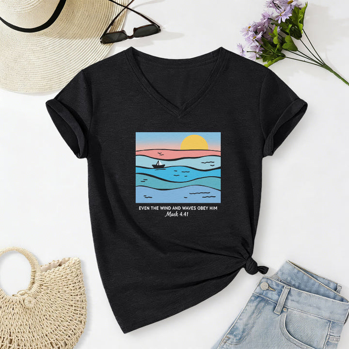 Christianartworkshop Même le vent et les vagues lui obéissent (Marc 4:41) T-shirt décontracté à col en V avec motif coucher de soleil sur l'océan - Noir - 2XL - image 12
