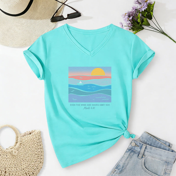 Christianartworkshop Même le vent et les vagues lui obéissent (Marc 4:41) T-shirt décontracté à col en V avec motif coucher de soleil sur l'océan - Bleu ciel - 2XL - image 20