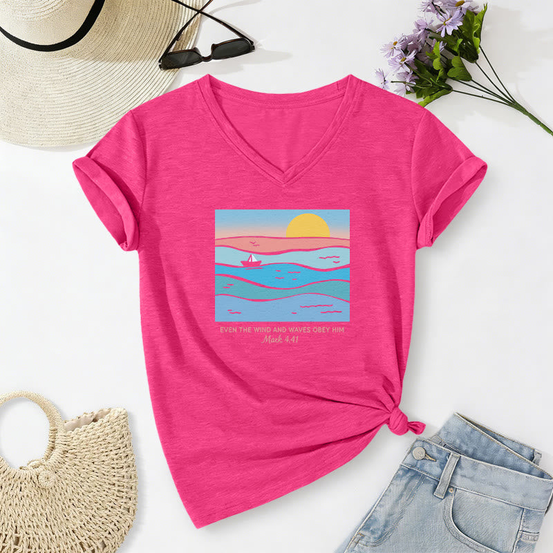 Christianartworkshop Même le vent et les vagues lui obéissent (Marc 4:41) T-shirt décontracté à col en V avec motif coucher de soleil sur l'océan - Rose - 2XL - image 2