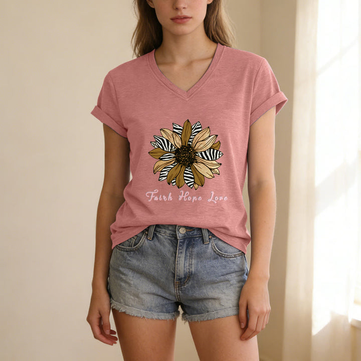 Christianartworkshop T-shirt décontracté à col en V avec imprimé zèbre et tournesol, Foi, Espoir et Amour - image 13
