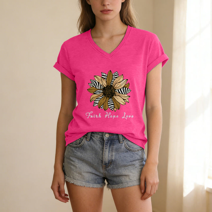 Christianartworkshop T-shirt décontracté à col en V avec imprimé zèbre et tournesol, Foi, Espoir et Amour - image 3