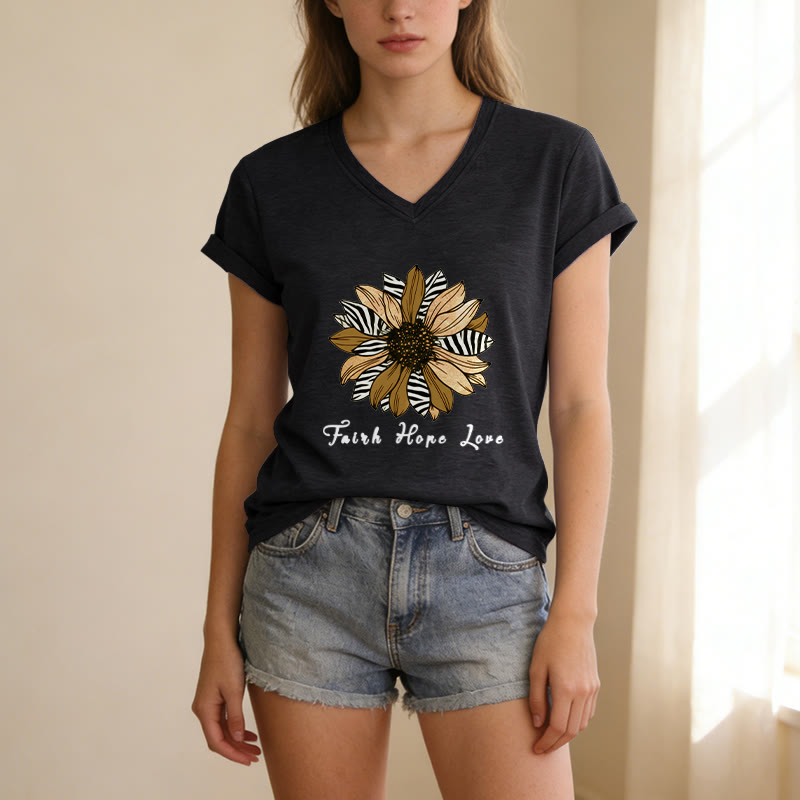 Christianartworkshop T-shirt décontracté à col en V avec imprimé zèbre et tournesol, Foi, Espoir et Amour - image 15