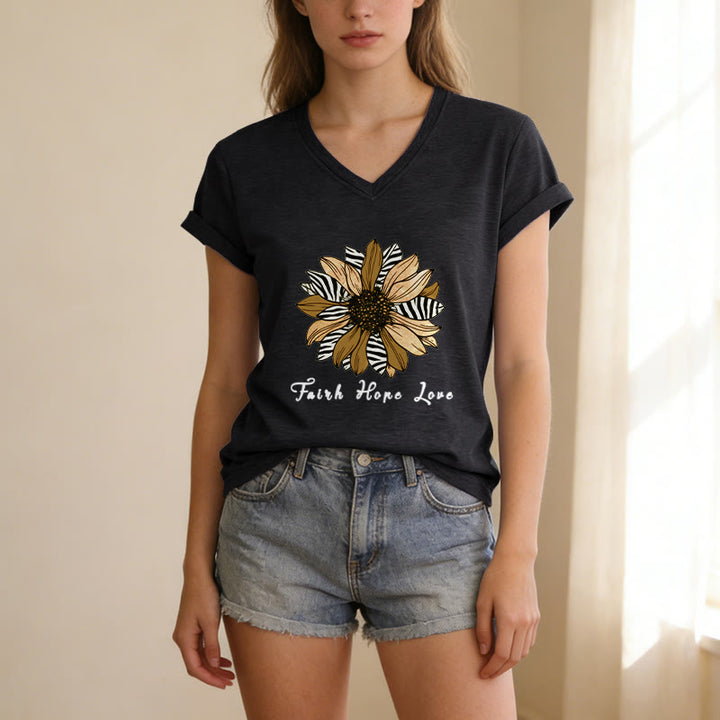 Christianartworkshop T-shirt décontracté à col en V avec imprimé zèbre et tournesol, Foi, Espoir et Amour - image 15