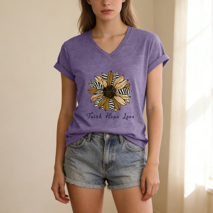 Christianartworkshop T-shirt décontracté à col en V avec imprimé zèbre et tournesol, Foi, Espoir et Amour - image 5