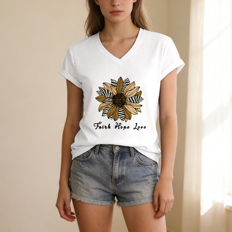 Christianartworkshop T-shirt décontracté à col en V avec imprimé zèbre et tournesol, Foi, Espoir et Amour - image 21