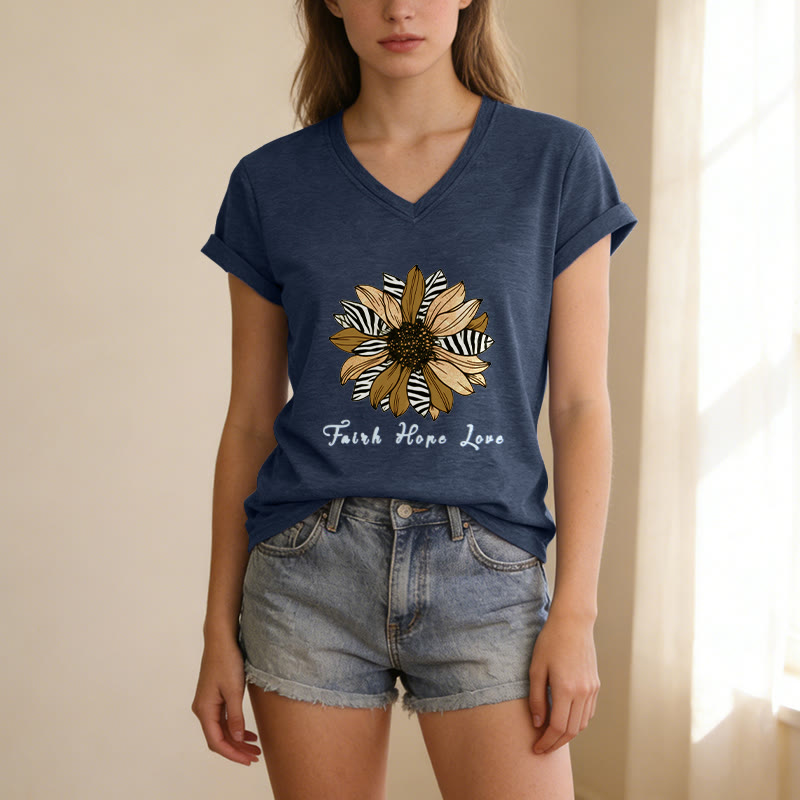 Christianartworkshop T-shirt décontracté à col en V avec imprimé zèbre et tournesol, Foi, Espoir et Amour - image 7