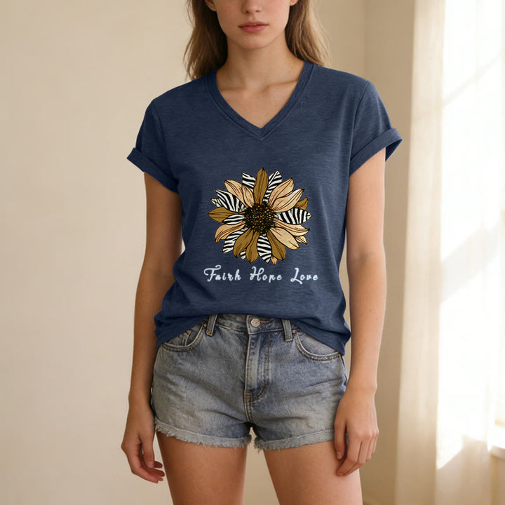 Christianartworkshop T-shirt décontracté à col en V avec imprimé zèbre et tournesol, Foi, Espoir et Amour - image 7