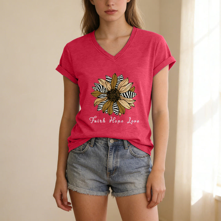 Christianartworkshop T-shirt décontracté à col en V avec imprimé zèbre et tournesol, Foi, Espoir et Amour - image 1