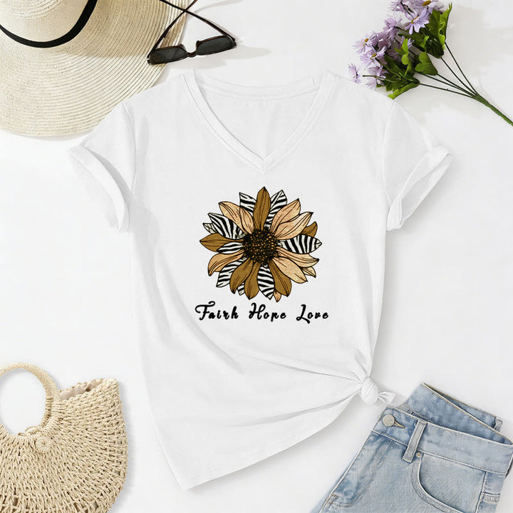 Christianartworkshop T-shirt décontracté à col en V avec imprimé zèbre et tournesol, Foi, Espoir et Amour - Blanc - 2XL - image 20