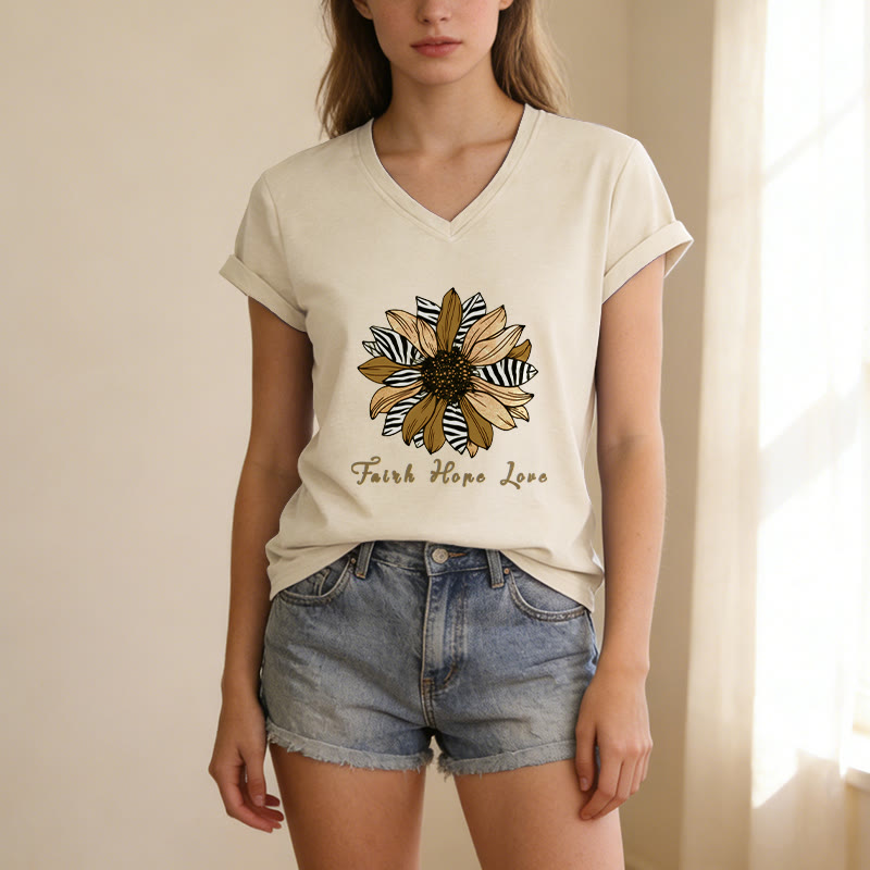 Christianartworkshop T-shirt décontracté à col en V avec imprimé zèbre et tournesol, Foi, Espoir et Amour - image 11