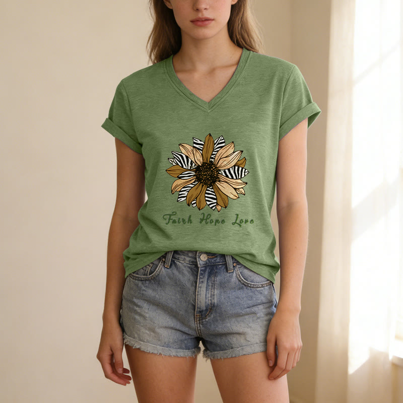 Christianartworkshop T-shirt décontracté à col en V avec imprimé zèbre et tournesol, Foi, Espoir et Amour - image 19