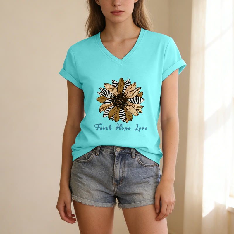 Christianartworkshop T-shirt décontracté à col en V avec imprimé zèbre et tournesol, Foi, Espoir et Amour - image 23