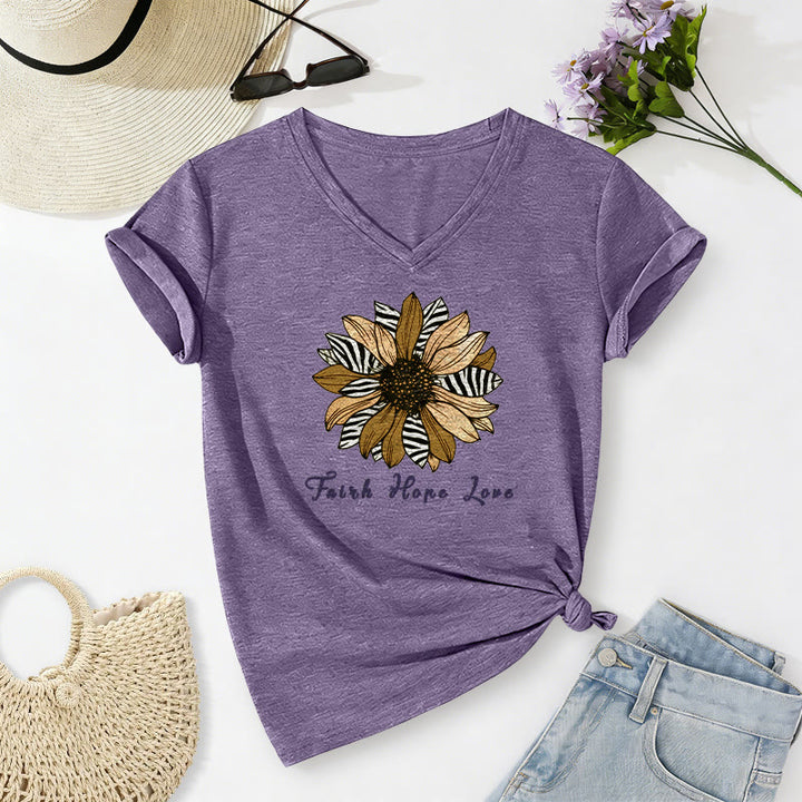 Christianartworkshop T-shirt décontracté à col en V avec imprimé zèbre et tournesol, Foi, Espoir et Amour - Violet - 2XL - image 4