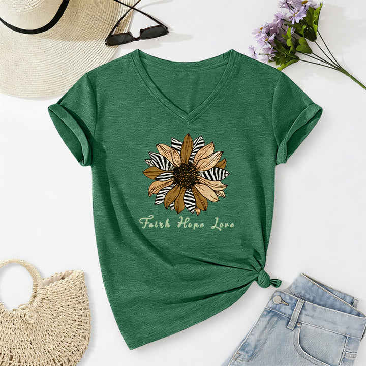 Christianartworkshop T-shirt décontracté à col en V avec imprimé zèbre et tournesol, Foi, Espoir et Amour - Vert foncé - 2XL - image 24
