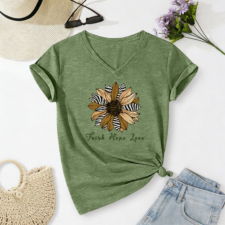 Christianartworkshop T-shirt décontracté à col en V avec imprimé zèbre et tournesol, Foi, Espoir et Amour - Vert olive - 2XL - image 18