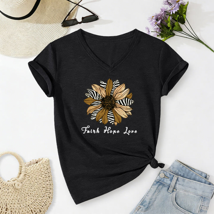 Christianartworkshop T-shirt décontracté à col en V avec imprimé zèbre et tournesol, Foi, Espoir et Amour - Noir - 2XL - image 14