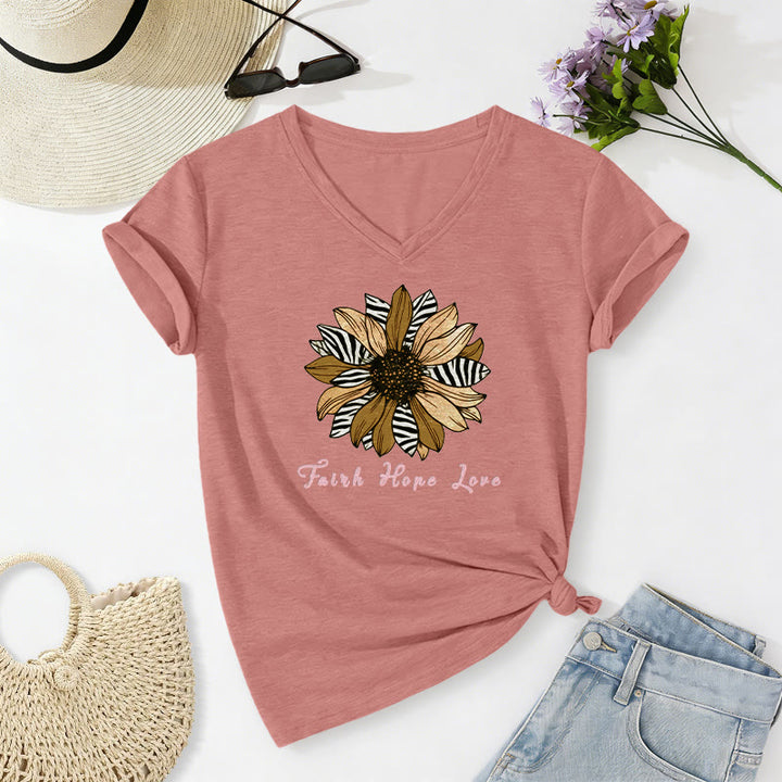 Christianartworkshop T-shirt décontracté à col en V avec imprimé zèbre et tournesol, Foi, Espoir et Amour - Rose clair - 2XL - image 12