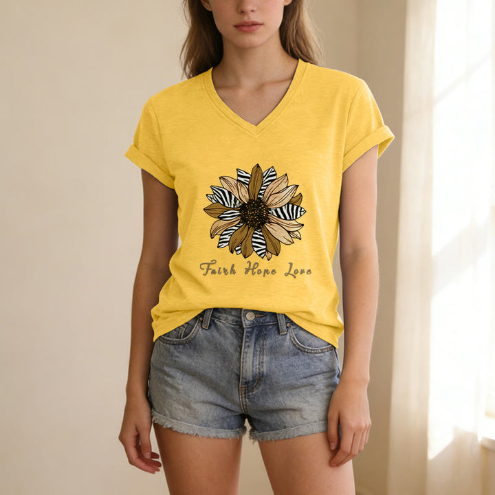 Christianartworkshop T-shirt décontracté à col en V avec imprimé zèbre et tournesol, Foi, Espoir et Amour - image 17