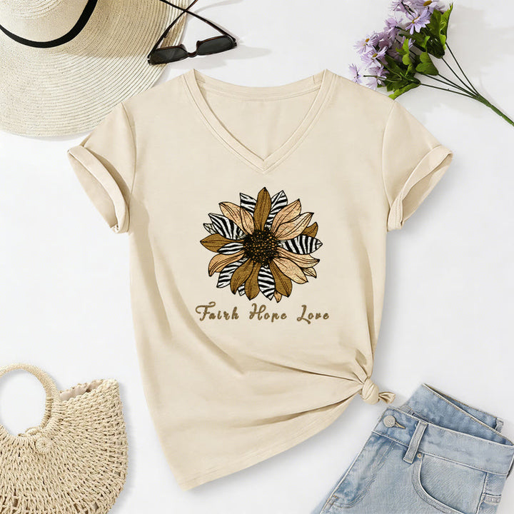 Christianartworkshop T-shirt décontracté à col en V avec imprimé zèbre et tournesol, Foi, Espoir et Amour - Beige - 2XL - image 10