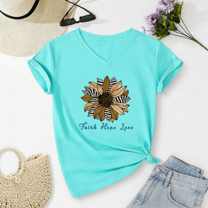 Christianartworkshop T-shirt décontracté à col en V avec imprimé zèbre et tournesol, Foi, Espoir et Amour - Bleu ciel - 2XL - image 22