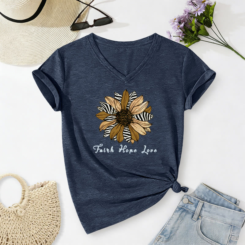 Christianartworkshop T-shirt décontracté à col en V avec imprimé zèbre et tournesol, Foi, Espoir et Amour - Bleu marine - 2XL - image 6