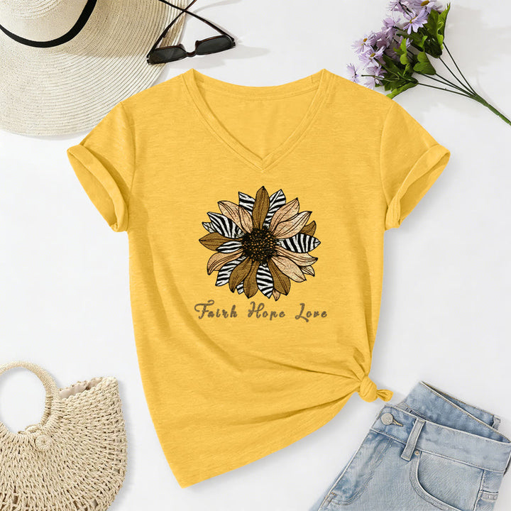 Christianartworkshop T-shirt décontracté à col en V avec imprimé zèbre et tournesol, Foi, Espoir et Amour - Jaune - 2XL - image 16
