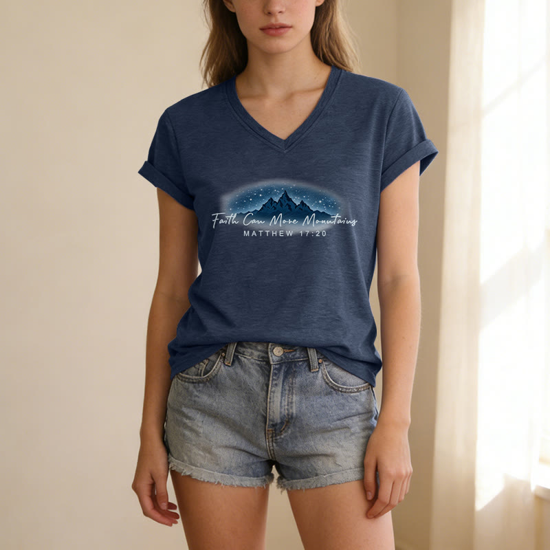 Christianartworkshop La foi peut déplacer des montagnes Matthieu 17:20 T-shirt décontracté à col en V avec motif Montagne étoilée - image 1