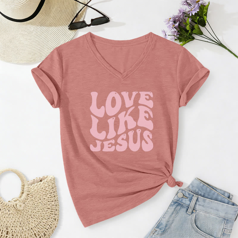 Christianartworkshop T-shirt décontracté à col en V avec inscription rétro « Love Like Jesus » - Rose clair - 2XL - image 12