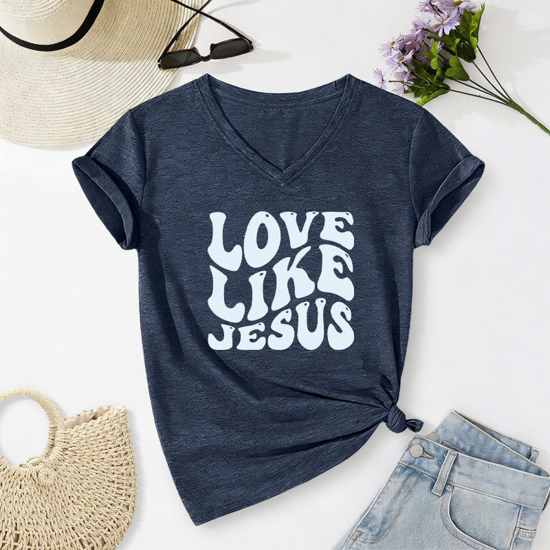 Christianartworkshop T-shirt décontracté à col en V avec inscription rétro « Love Like Jesus » - Bleu marine - 2XL - image 2
