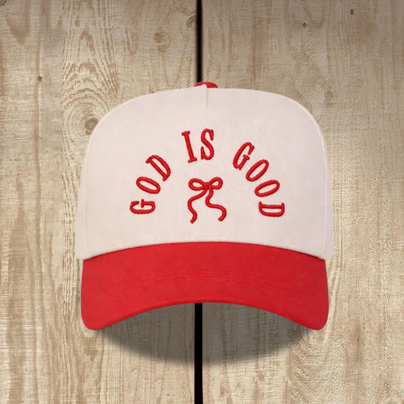 Christianartworkshop Casquette de baseball unisexe à visière incurvée avec broderie « Dieu est bon » et nœud papillon - Rouge - image 0