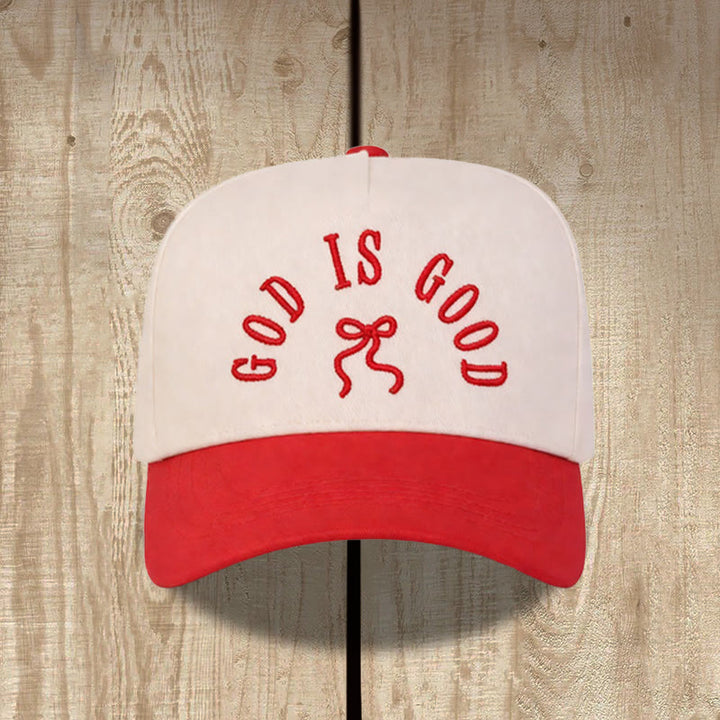 Christianartworkshop Casquette de baseball unisexe à visière incurvée avec broderie « Dieu est bon » et nœud papillon - Rouge - image 0