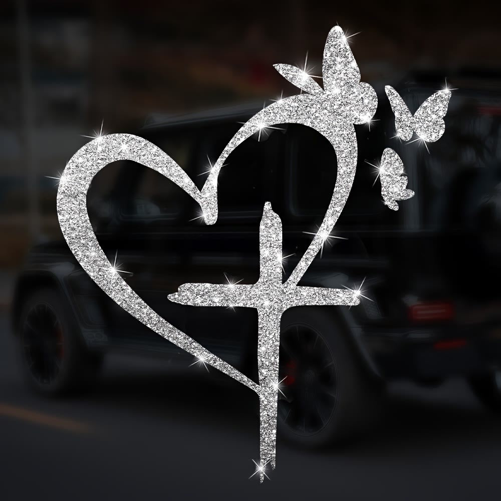 Christianartworkshop Autocollant imperméable pour vitre de voiture en forme de cœur, croix et papillon pailletés : un symbole d’amour sacré - image 2