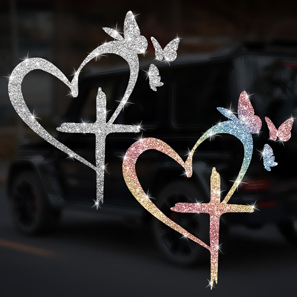 Christianartworkshop Autocollant imperméable pour vitre de voiture en forme de cœur, croix et papillon pailletés : un symbole d’amour sacré - image 1