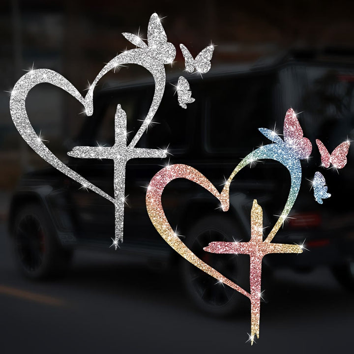 Christianartworkshop Autocollant imperméable pour vitre de voiture en forme de cœur, croix et papillon pailletés : un symbole d’amour sacré - image 1