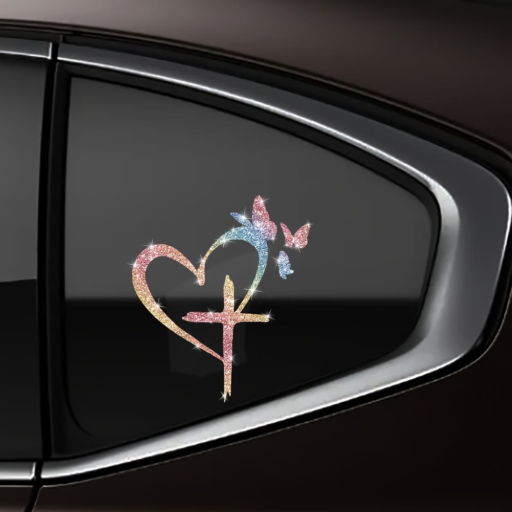 Christianartworkshop Autocollant imperméable pour vitre de voiture en forme de cœur, croix et papillon pailletés : un symbole d’amour sacré - Multicolore - image 5