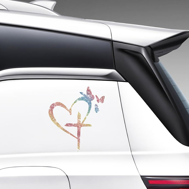 Christianartworkshop Autocollant imperméable pour vitre de voiture en forme de cœur, croix et papillon pailletés : un symbole d’amour sacré - image 6
